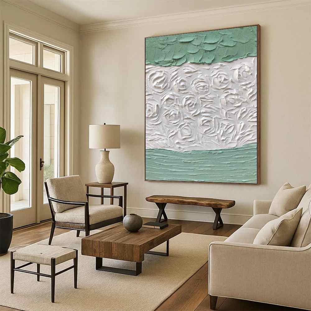 Floral_Green_White_Textured_Abstract_Artwork_VCR9J wall art